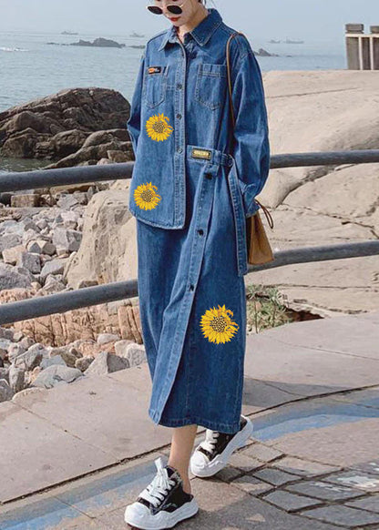 Loose Blue-blue Dot Pockets Button Asymmetrical Design Fall Denim Long Sleeve Long Dress