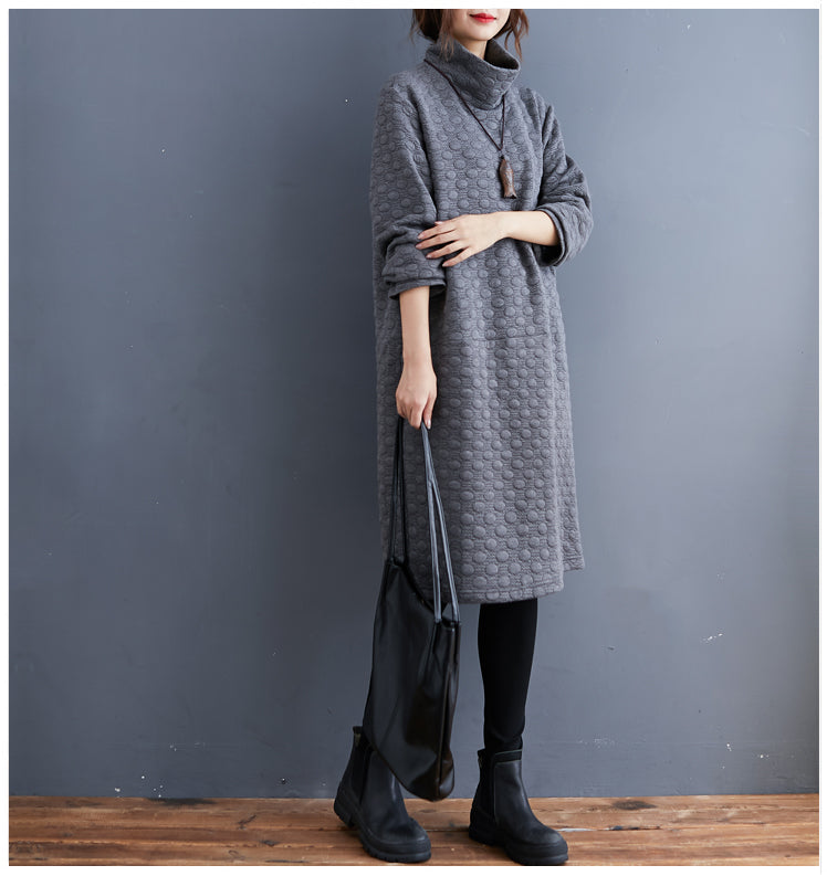 New Oversize Cotton Clothing Dresses Long Sleeve Turtleneck Pockets Dress