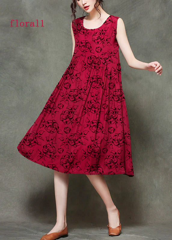 Rose O-neck Wrinkled Long Dresses Sleeveless