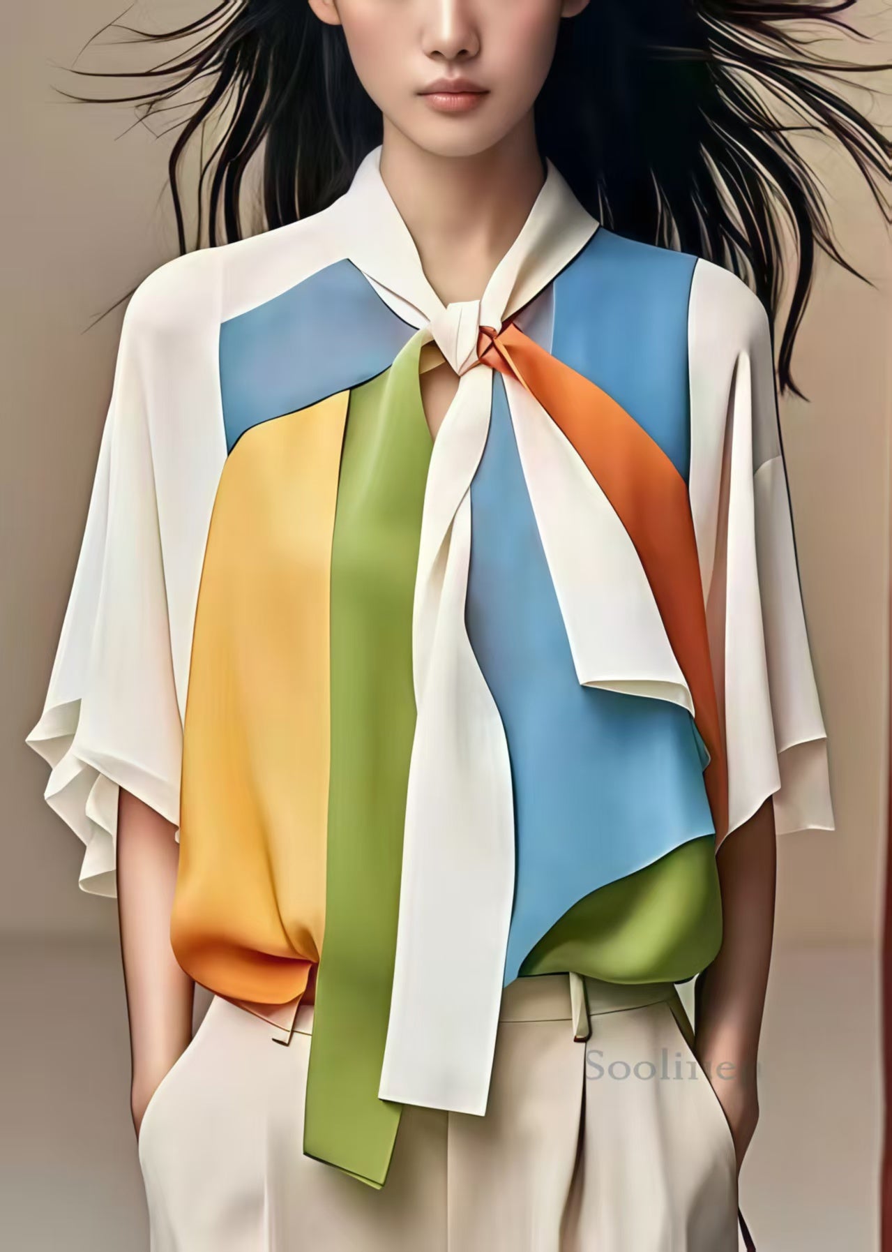 Stylish White Bow Patchwork Chiffon Shirt Half Sleeve