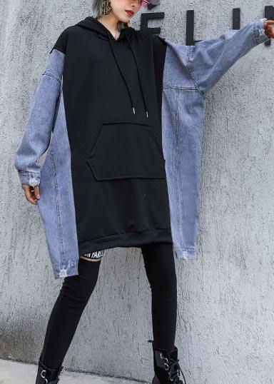 French Hooded Asymmetric Clothes For Women Work Outfits Black A Line Tops