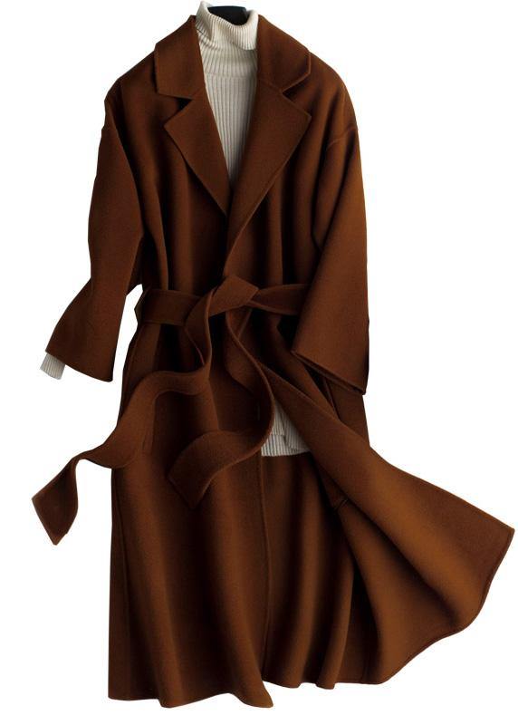 Oversize Trench Coat Coat Brown Notched Tie Waist Woolen Coat