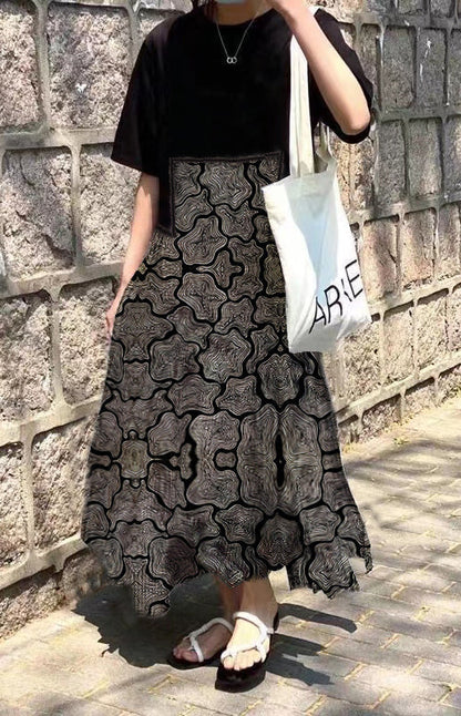 Red Print O-neck Asymmetrical Plaid Mosaic Dress