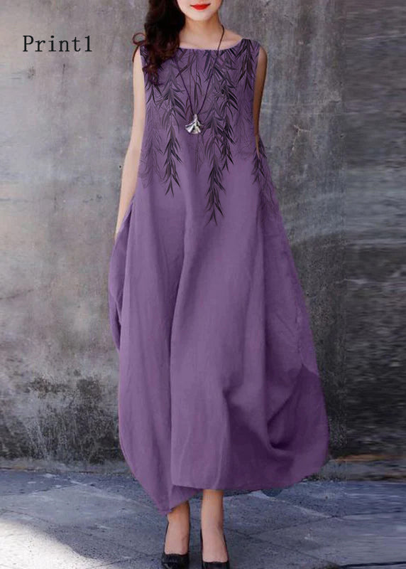 Purple O-neck Exra Large Hem Cotton Dresses Sleeveless