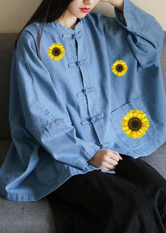 Loose Stand Collar Chinese Button Clothes for Sleeve Denim Light Blue-chrysanthemum Shirts