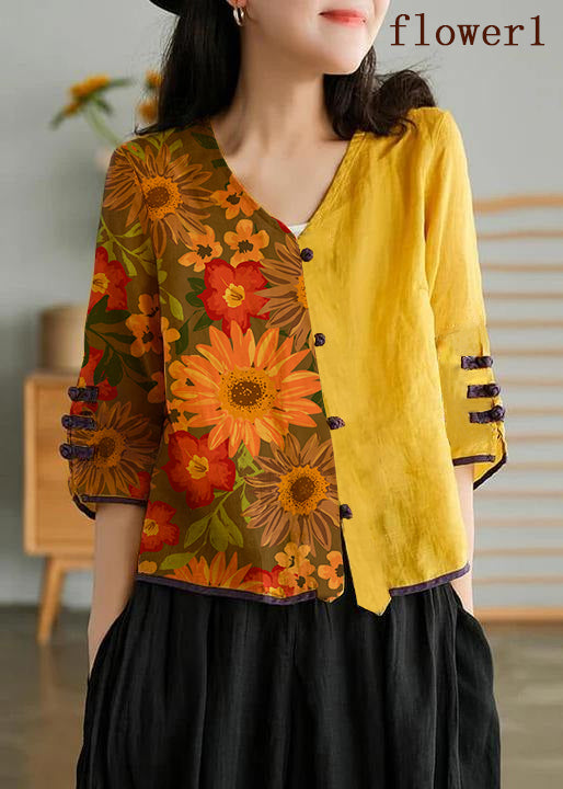 Yellow-flower1 Ramie Cardigan Embroidered Shirt