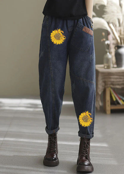Natural Blue-blue Love Elastic Waist Pockets Denim Pants Spring