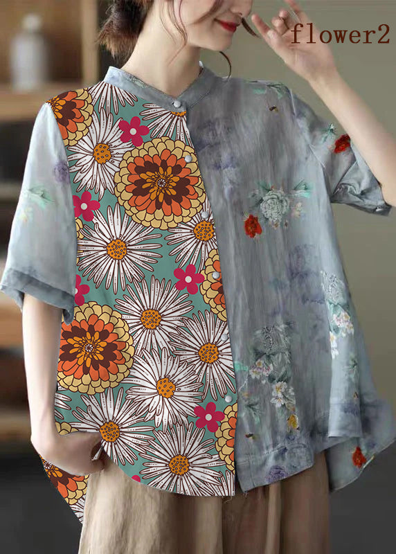 Blue- Flower2 Stand Collar Print Tops Half Sleeve