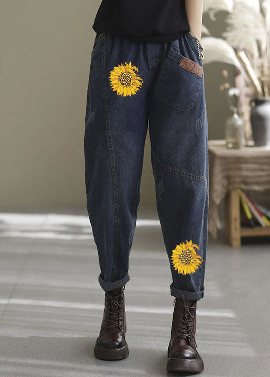 Natural Blue-sunflower Elastic Waist Pockets Denim Pants Spring