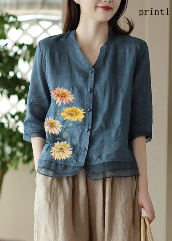 Red V Neck Embroidered Ramie Shirt Half Sleeve