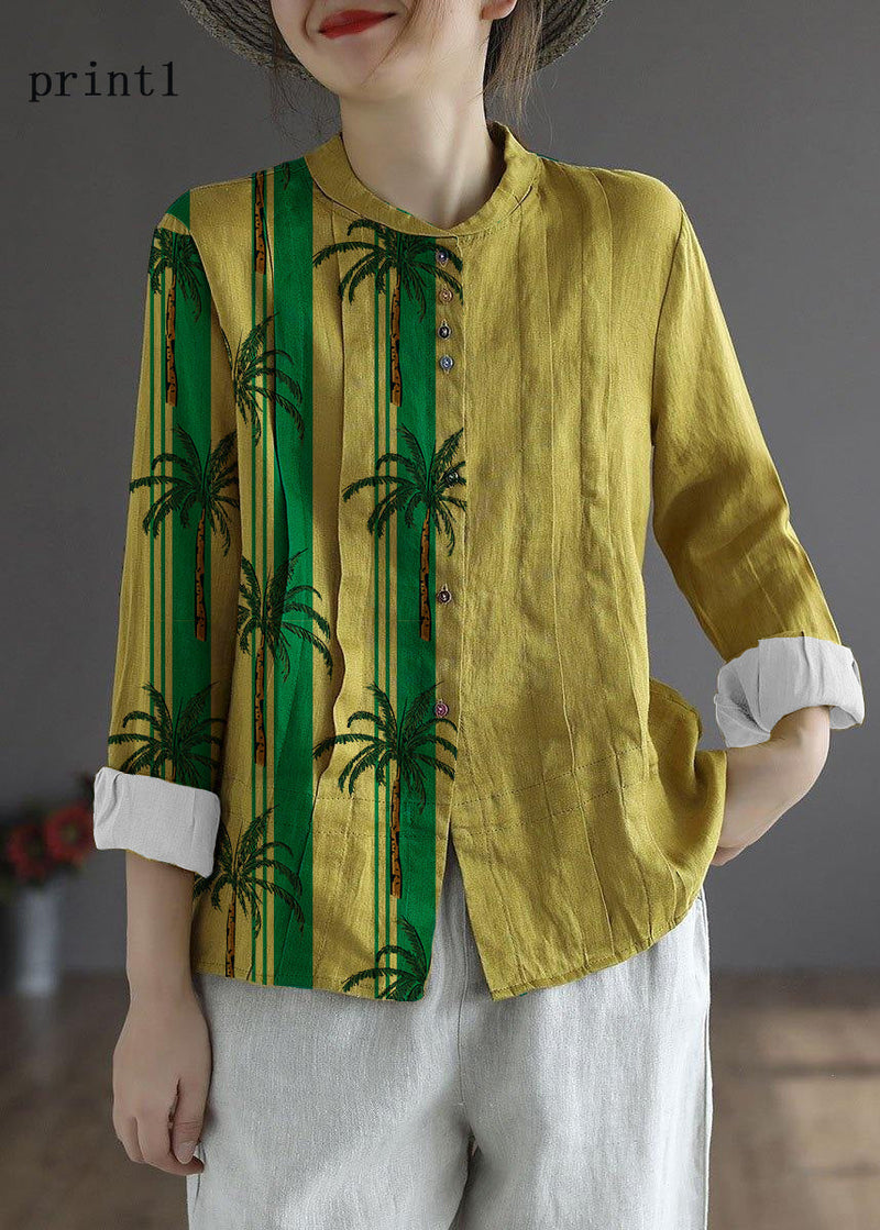 Yellow-floral2 Button Fall Top Long Sleeve Linen