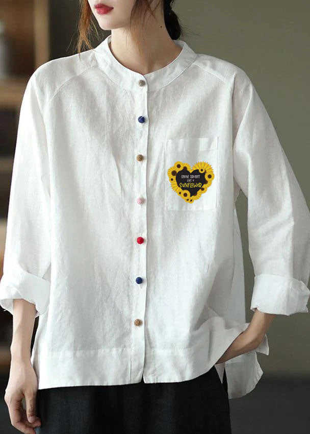 Modern Pink Flower Loose Patchwork Pockets Fall Long Sleeve Blouse Top