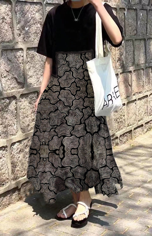 O-neck Asymmetrical Plaid Mosaic Dress