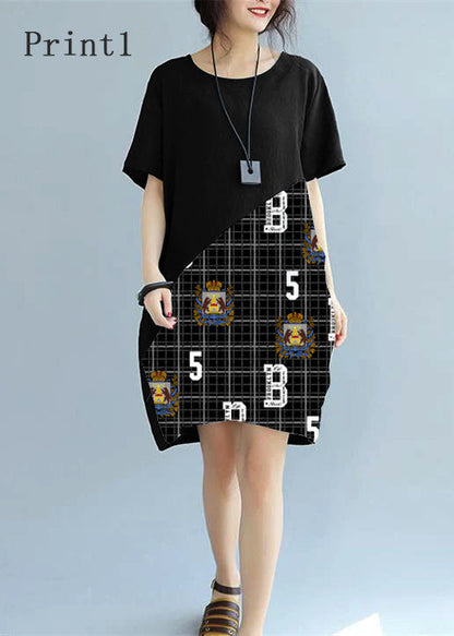 Fine Black -print1 Patchwork Linen Shift Dress Loose Fitting Cotton Clothing Dress Short Sleeve Wild Prints Knee Dresses
