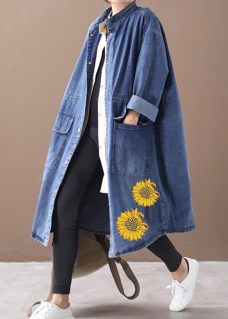 French Denim Blue-sunflower Box Coat Shape Stand Collar Drawstring Coat