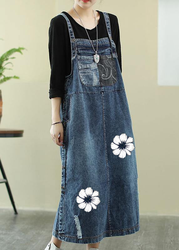 Vivid Denim Blue Tunic Dress Slash Neck Hole Maxi Dress
