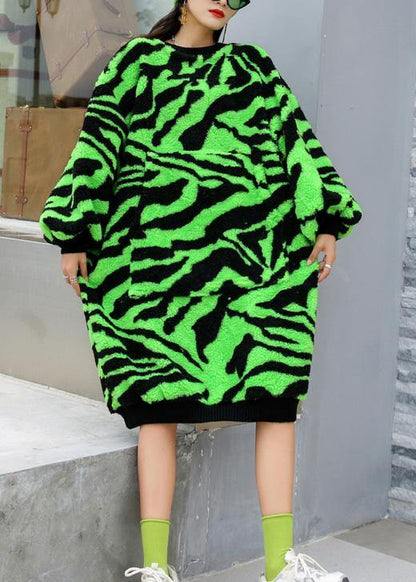 Comfy O Neck Thick Sweater Dress Outfit Green Striped Knitwear Dress