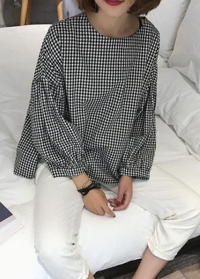 French Blue Plaid Cotton Fine Sewing Asymmetric Clothing Blouse