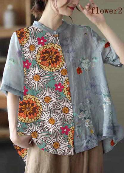 Purple Flower Stand Collar Print Tops Half Sleeve