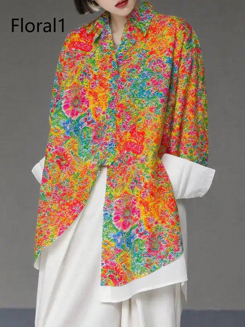 Unique Gradient Color3 Asymmetrical Design Side Open Cotton Long Shirts Spring