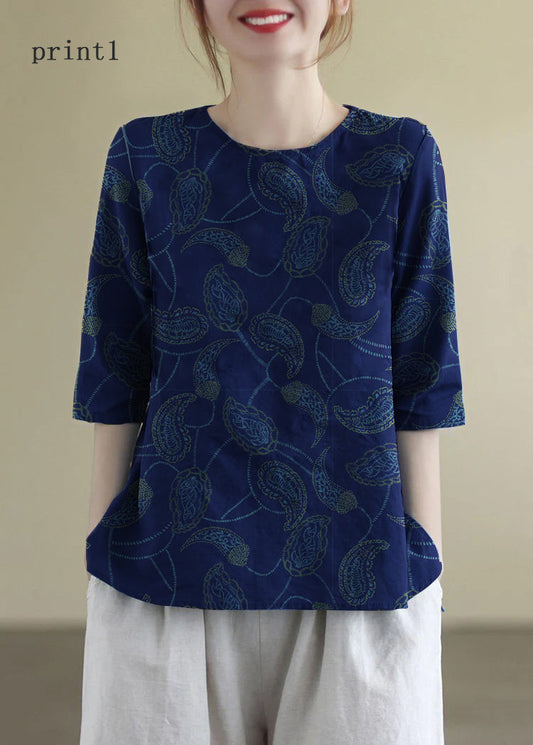 French Print1 O-neck Embroideried Cotton Blouses Half Sleeve