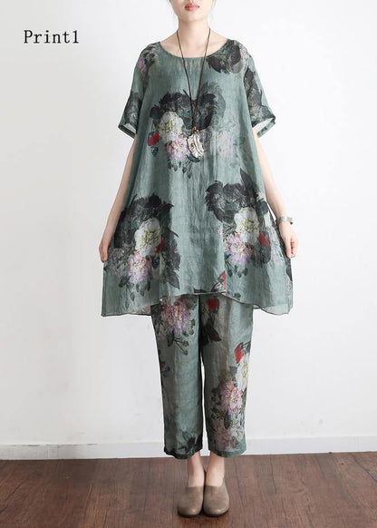 New Loose Green Print2 Short Sleeve Shirt Pants Linen Set