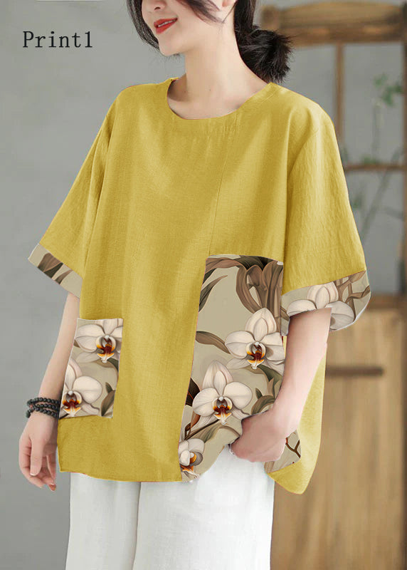 Orange O Neck Print Patchwork Linen T Shirt Top Summer