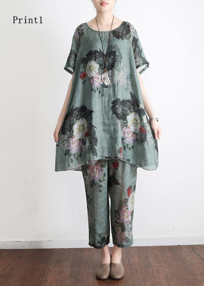 New Loose Green Print Short Sleeve Shirt Pants Linen Set