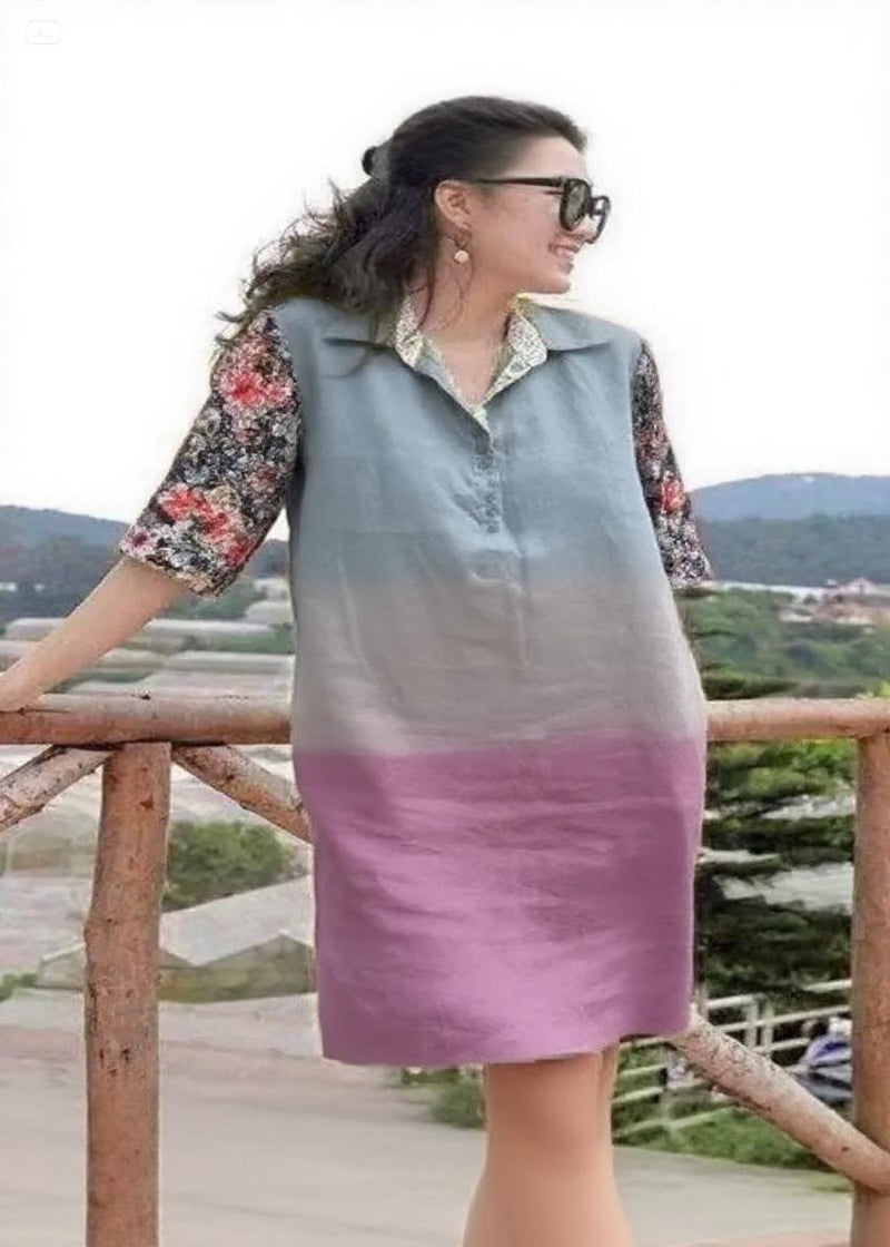 Handmade Grey Pink Flower Peter Pan Collar Patchwork Vacation Mid Dresses Summer