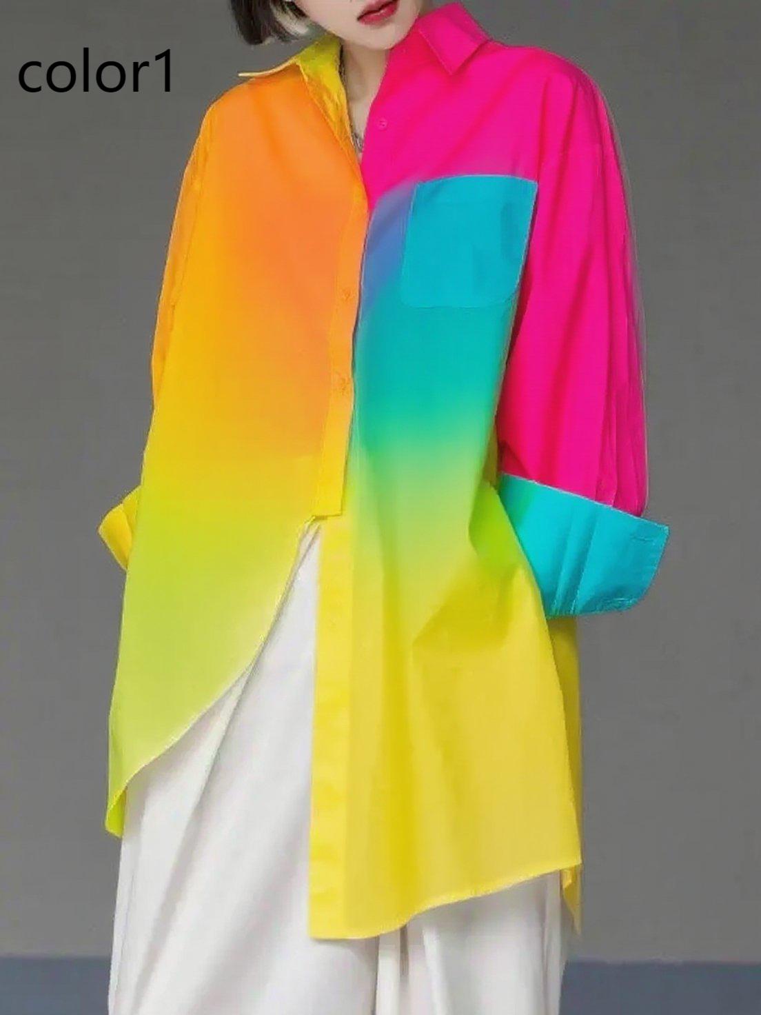 Unique Gradient Color5 Asymmetrical Design Side Open Cotton Long Shirts Spring