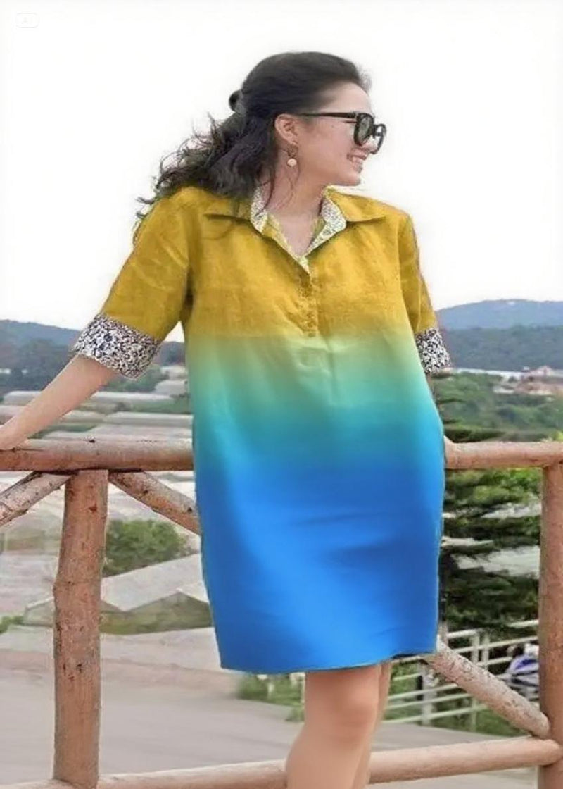 Handmade Blue Yellow Peter Pan Collar Patchwork Vacation Mid Dresses Summer