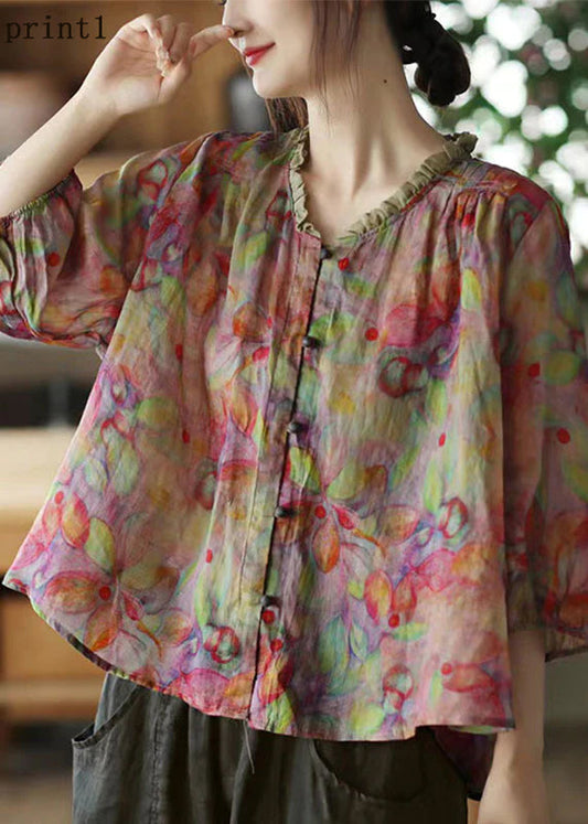 Pink V Neck Ruffled Print Linen Blouse Top Half Sleeve