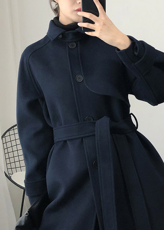 Loose Fitting Trench Coat Spring Navy Tie Waist Wool Coat
