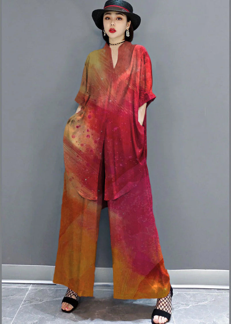 Red Peter Pan Collar Shirt Wide Leg Pants Satin Two Pieces Set Spring