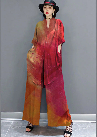 Red Peter Pan Collar Shirt Wide Leg Pants Satin Two Pieces Set Spring