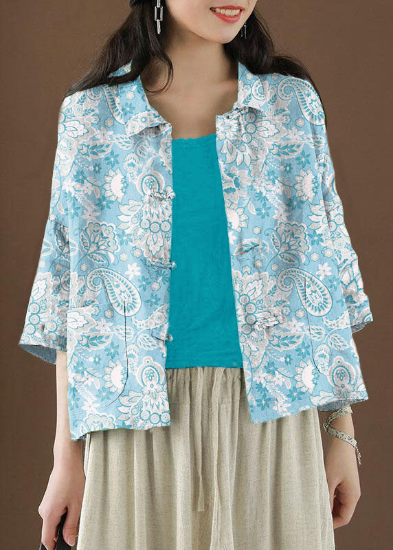 Blue Cashew Nuts Peter Pan Collar Pockets Summer Linen Top