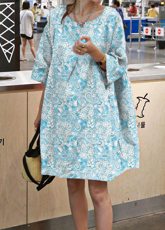Style Blue Cotton Linen Outfit O Neck Cinched a Line Summer Dresses