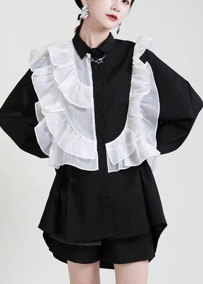 2025 Royal Blue Ruffles Asymmetrical Shirt Dress-Limited Stock