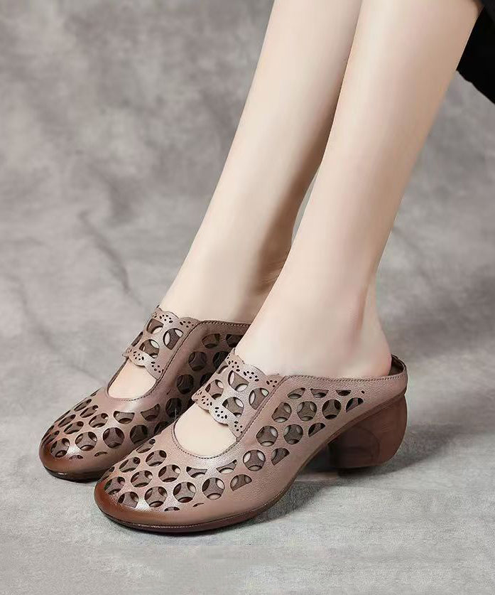 Beige Zippered Cowhide Leather High Heels Hollow Out High Heels