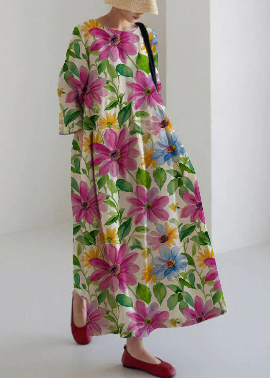 Flower Print21 Cotton Dresses Pockets Patchwork Spring