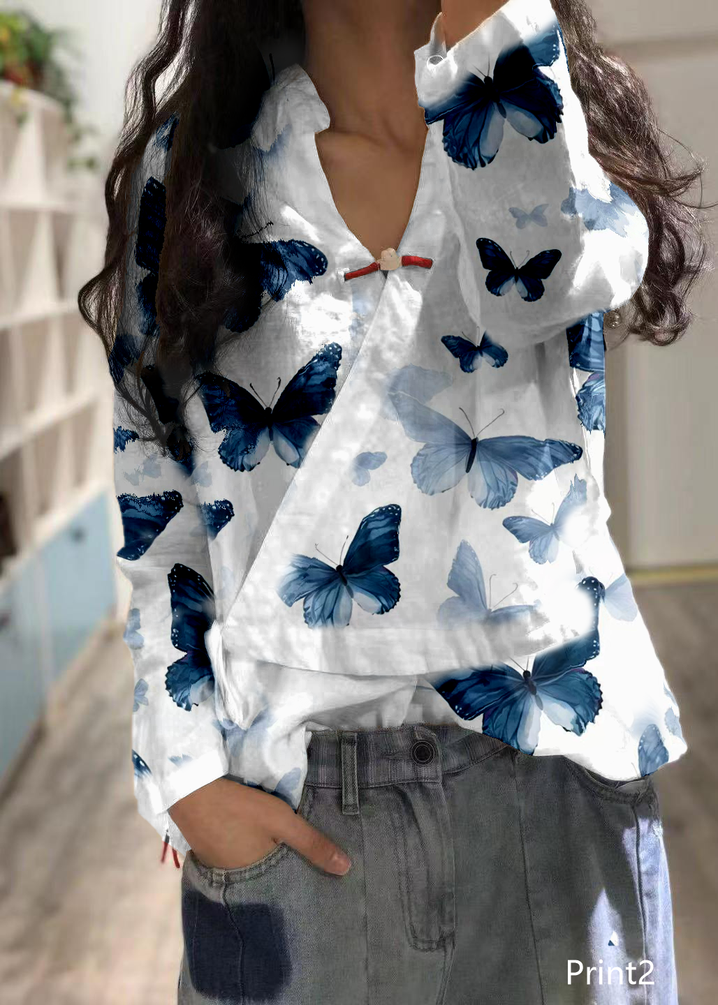 Bohemian Print1 linen Blouse v neck fall top