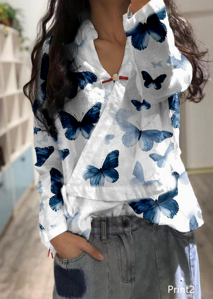Bohemian Print1 linen Blouse v neck fall top