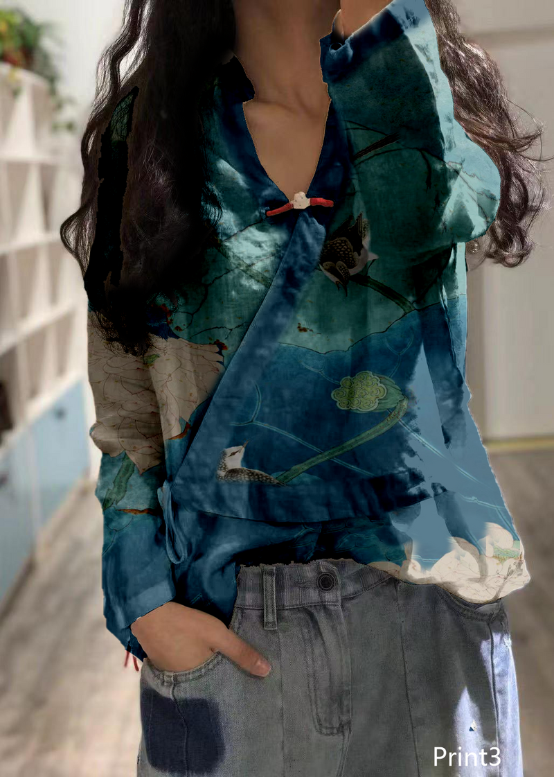 Print4 Linen Blouse V Neck Fall Top