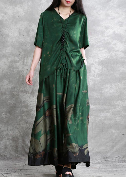 20 Summer Retro Suit Female Green V-neck Five-point Sleeve Shirt + Big Swing Skirt Pants