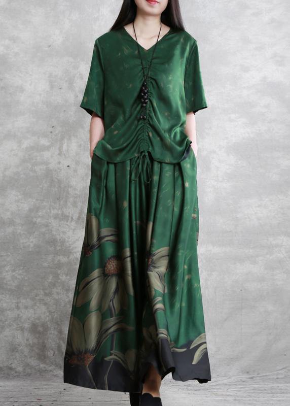 20 Summer Retro Suit Female Green V-neck Five-point Sleeve Shirt + Big Swing Skirt Pants