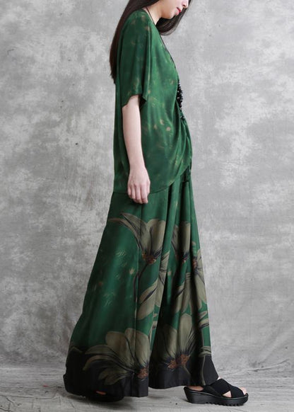 20 Summer Retro Suit Female Green V-neck Five-point Sleeve Shirt + Big Swing Skirt Pants