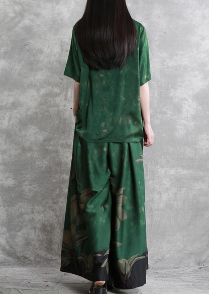 20 Summer Retro Suit Female Green V-neck Five-point Sleeve Shirt + Big Swing Skirt Pants
