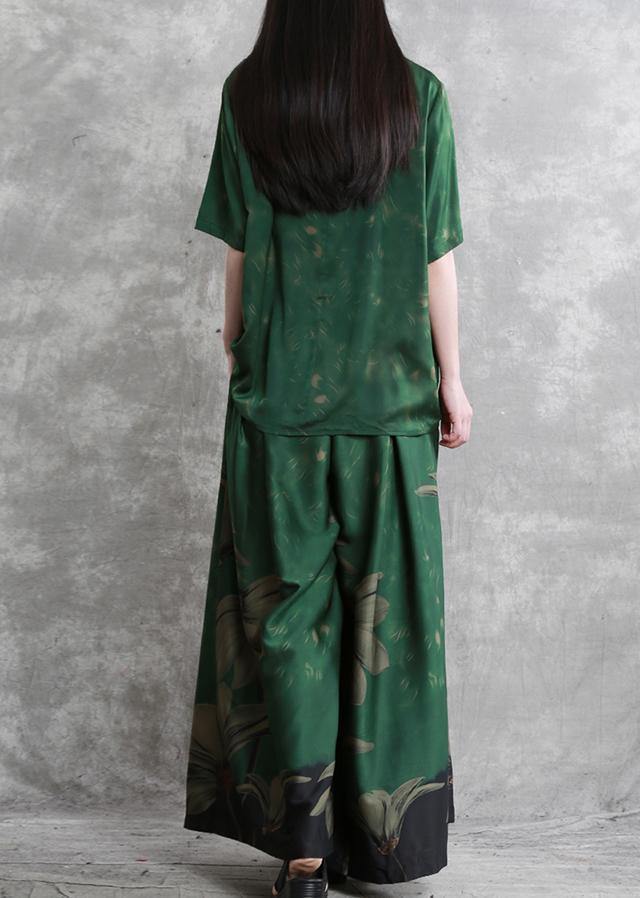 20 Summer Retro Suit Female Green V-neck Five-point Sleeve Shirt + Big Swing Skirt Pants