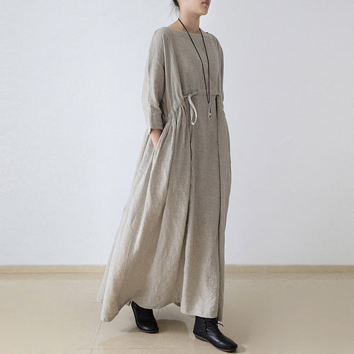 Autumn Nude Natural Linen Caftans Linen Dresses Drawstring Waist Design Flattering Dress