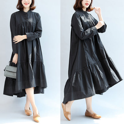 Autumn Black Butterfly Hem Cotton Dresses Oversize Maxi Dress